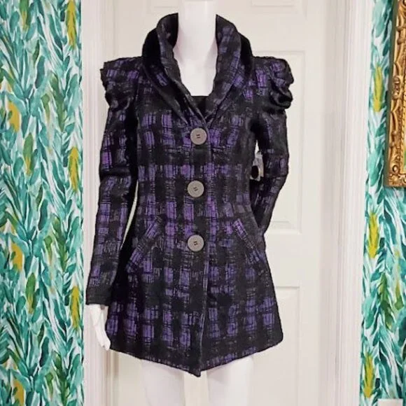 Samuel Dong Womens Purple & Black Plaid Puff Sleeve Coat Size S - Picture 3 of 16